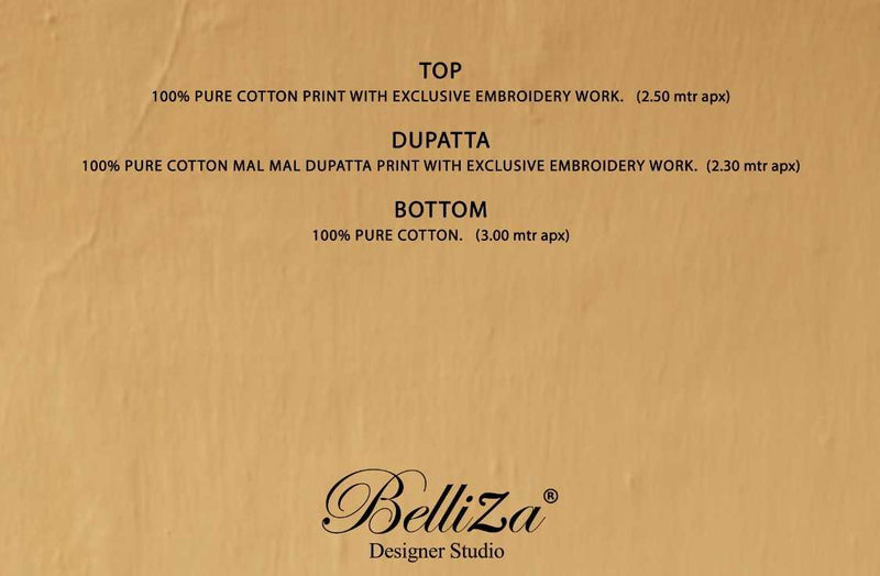 Belliza Designer Studio Guzarish Vol 5 Pure Cotton Digital Print Embroidery Work Suit