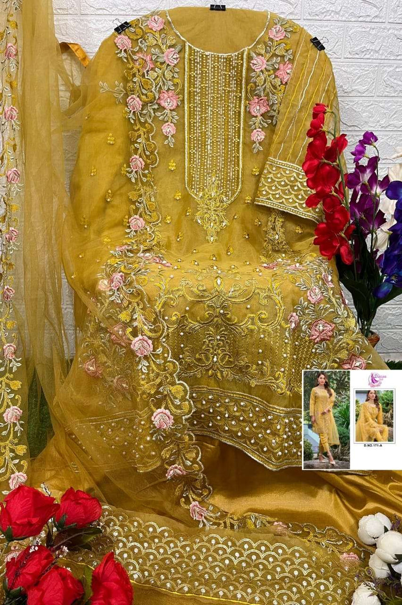 Dinsaa Suit Dno 171 Organza Embroidered Khatli Work Salwar Suit
