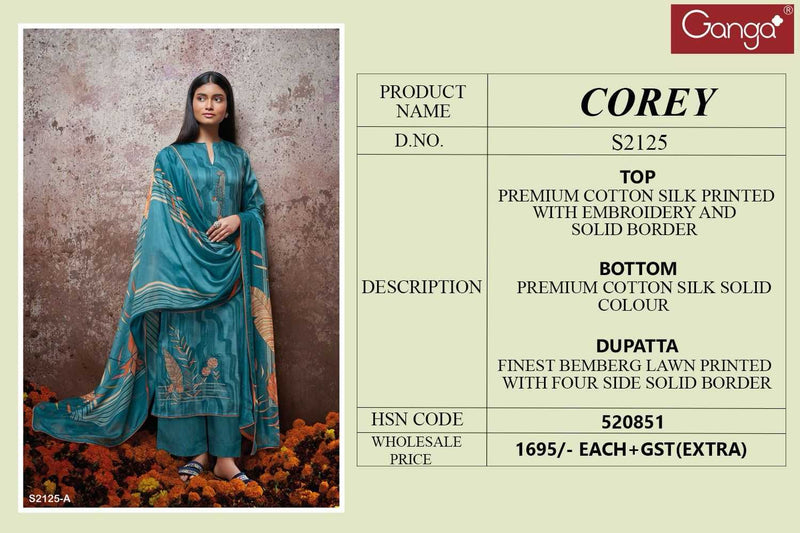 Ganga Suit Corey 2125 Premium Cotton Silk Printed Embroidery Work Salwar Suit
