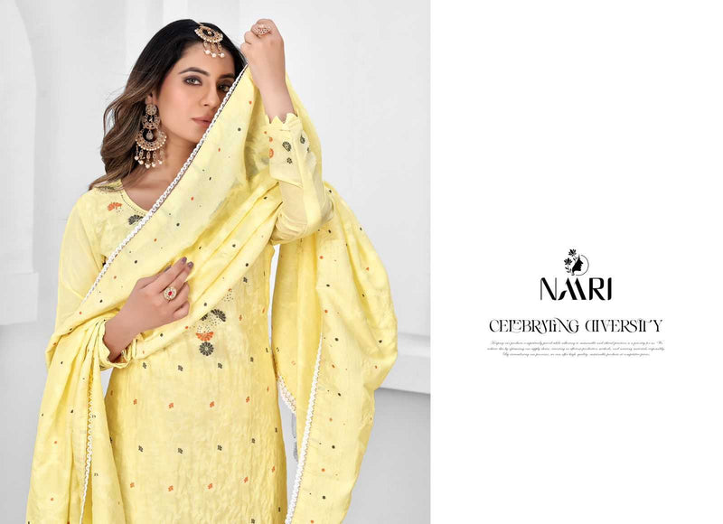 Naari Elvin Pure Muslin Dola Jacquard Siroski Work Fancy Salwar Suit