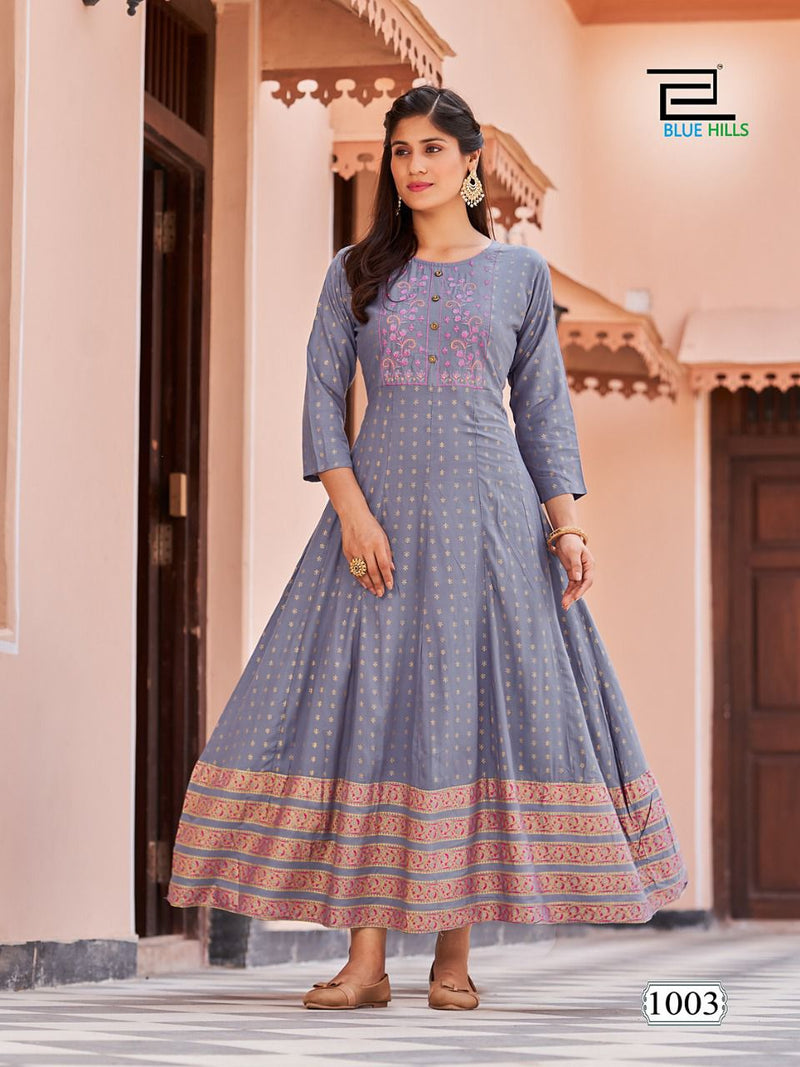 Blue Hills Encounter Rayon Foil Print Anarkali Gown With Embroidery Work Stylish Designer Casual Kurti