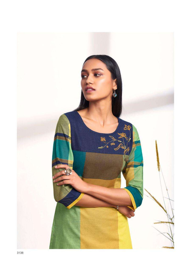 Four Buttons Big Cheks Pure Cotton Weaving Embroidered Work Kurti