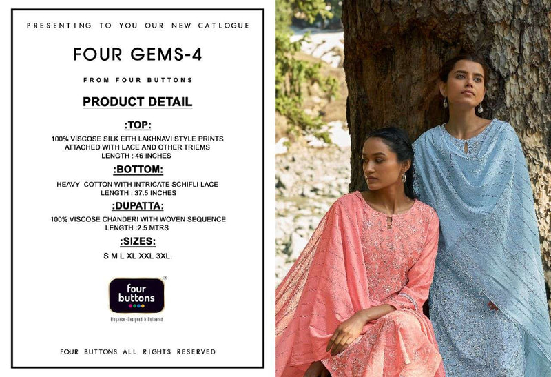 Four Button Four Gems Vol 4 Pure Viscose Silk With Lucknowi Print Kurti