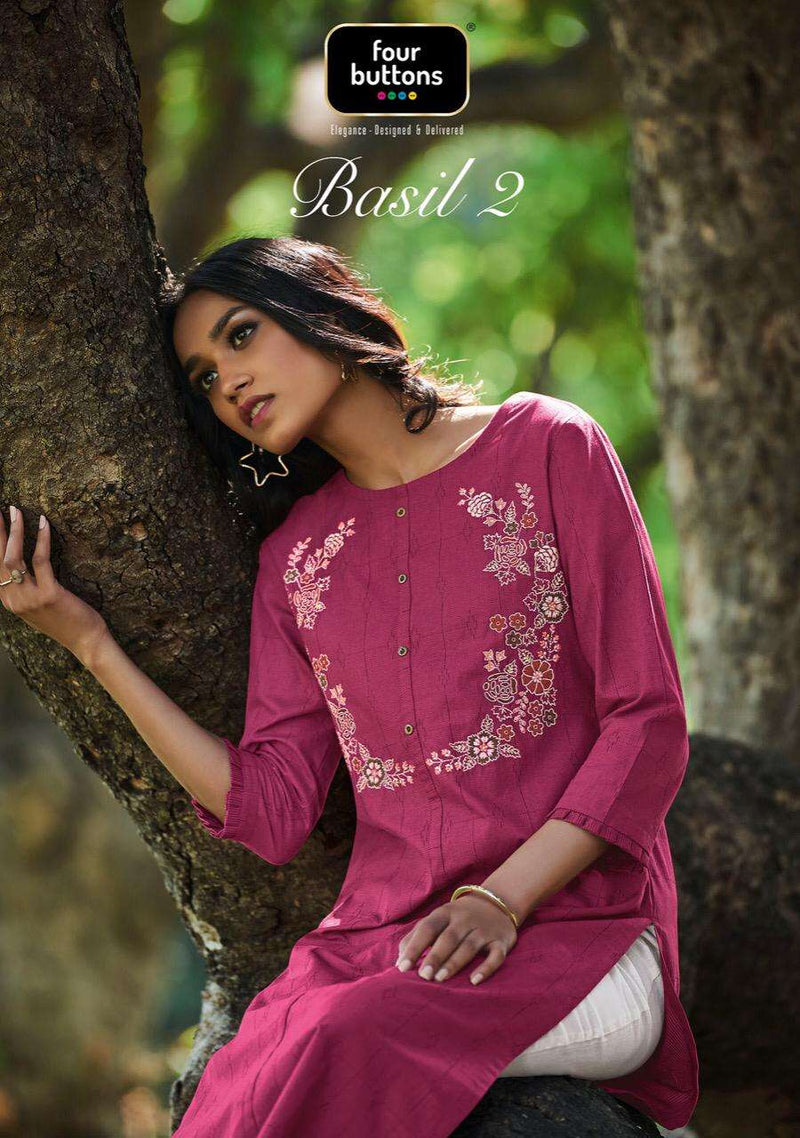 Four Buttons Basil Vol 2 Cotton Heavy Embroidery Work Casual Wear Readymade Kurtis