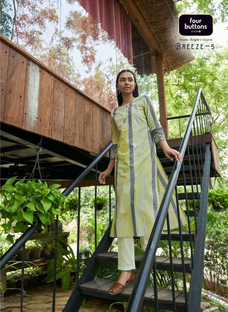 Four Buttons Breeze Vol 5 Pure Cotton Weaving Stripes Embroidery On Sleeves Kurti