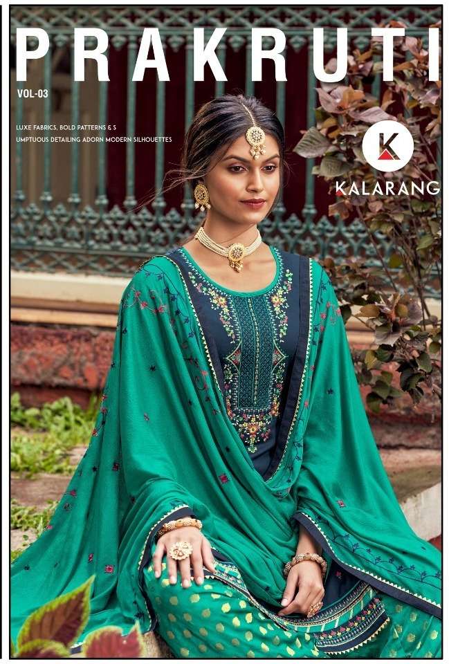 Kalarang Prakruti Vol 3 Jam Silk Cotton With Fancy Embroidery Work Party Wear Salwar Kameez