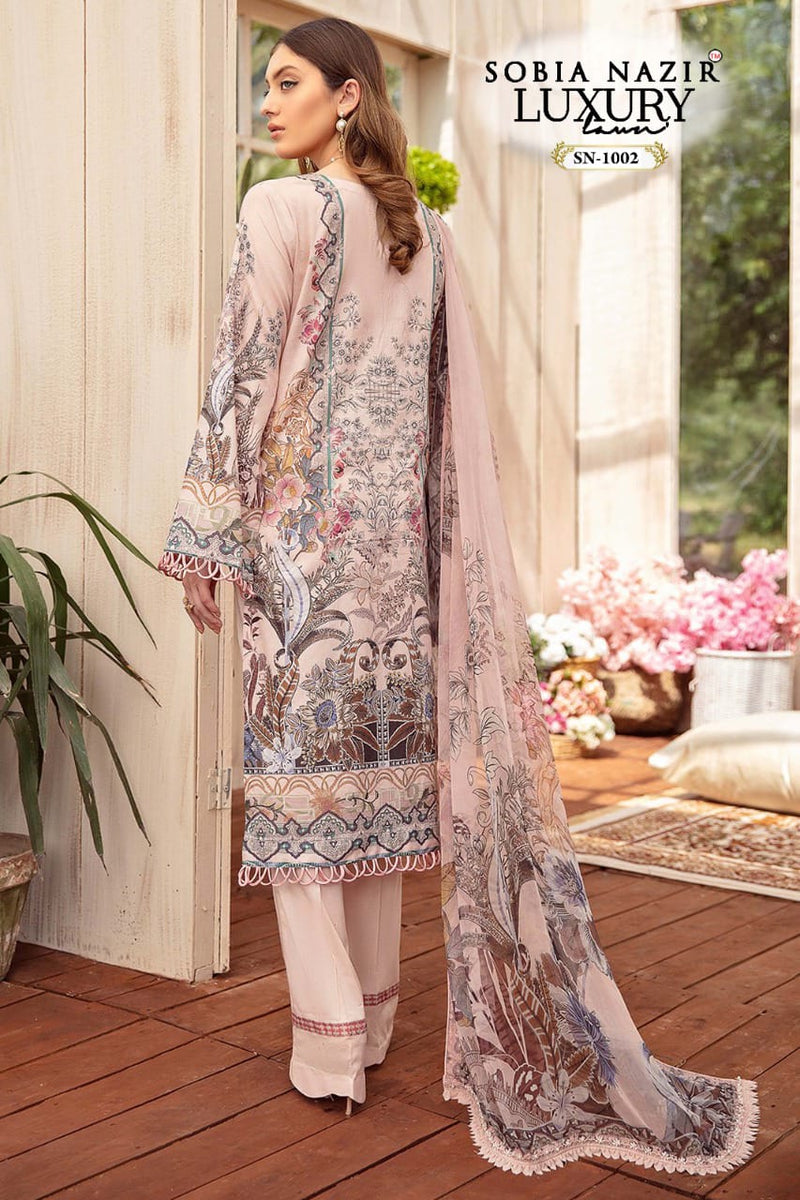 Sobia Nazir Luxury Lawn SN 1002 Cambric Cotton Embroidered Pakistani Style Embroidered Party Wear Salwar Suits