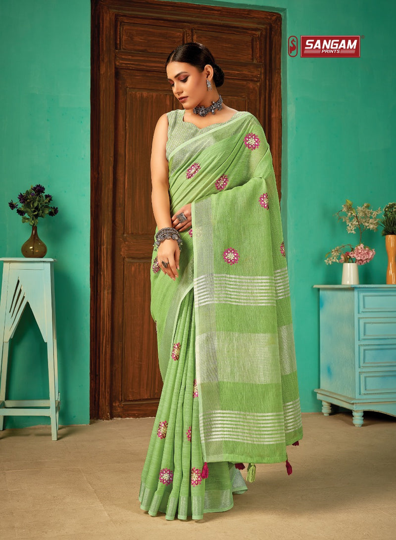 Sangam Print Paro Linen Elegant Stylish Party Wear Beautiful Collection Of Sarees