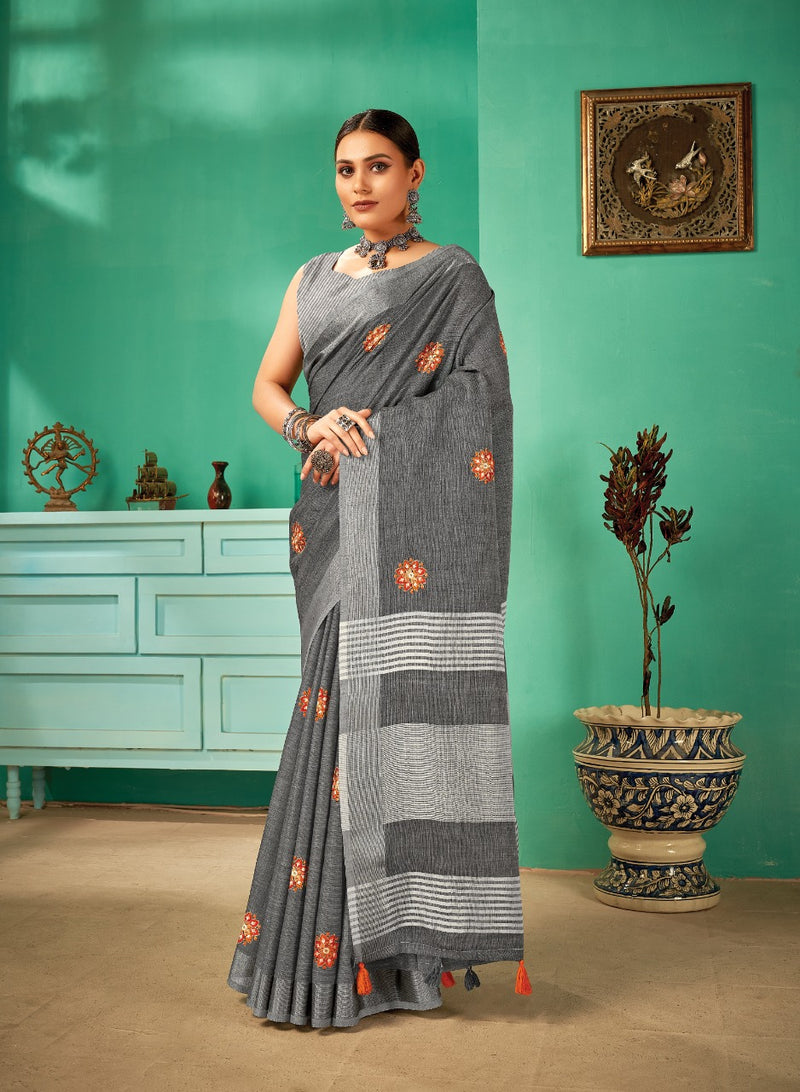 Sangam Print Paro Linen Elegant Stylish Party Wear Beautiful Collection Of Sarees
