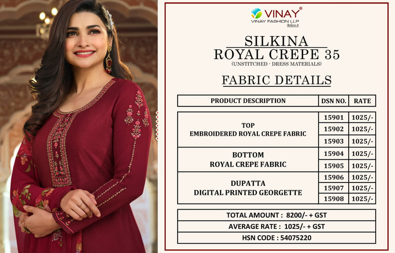 Vinay Fashion Royal Crepe 35 With Heavy Embroidery Work Stylish Designer Festive Wear Party Wear Salwar Kameez
