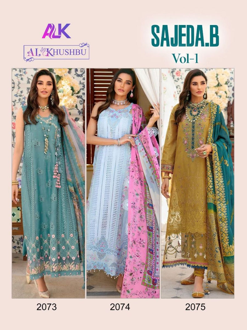 AL Khushbu Sajeda B Vol 1 Cambric Cotton Designer Pakistani Style Wedding Wear Heavy Embroidered Salwar Suits