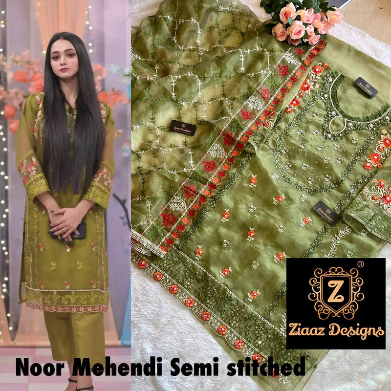 Ziaaz Designs Noor Organza With Beautiful Embroidery Work Stylish Designer Mehndi Look Pakistani Salwar Kameez