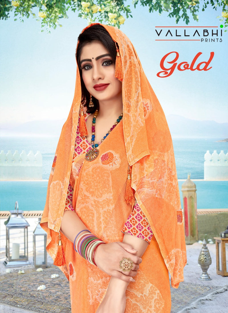 Vallabhi Prints Gold Georgette Stylish Designer Casual Wear Printed Sarees