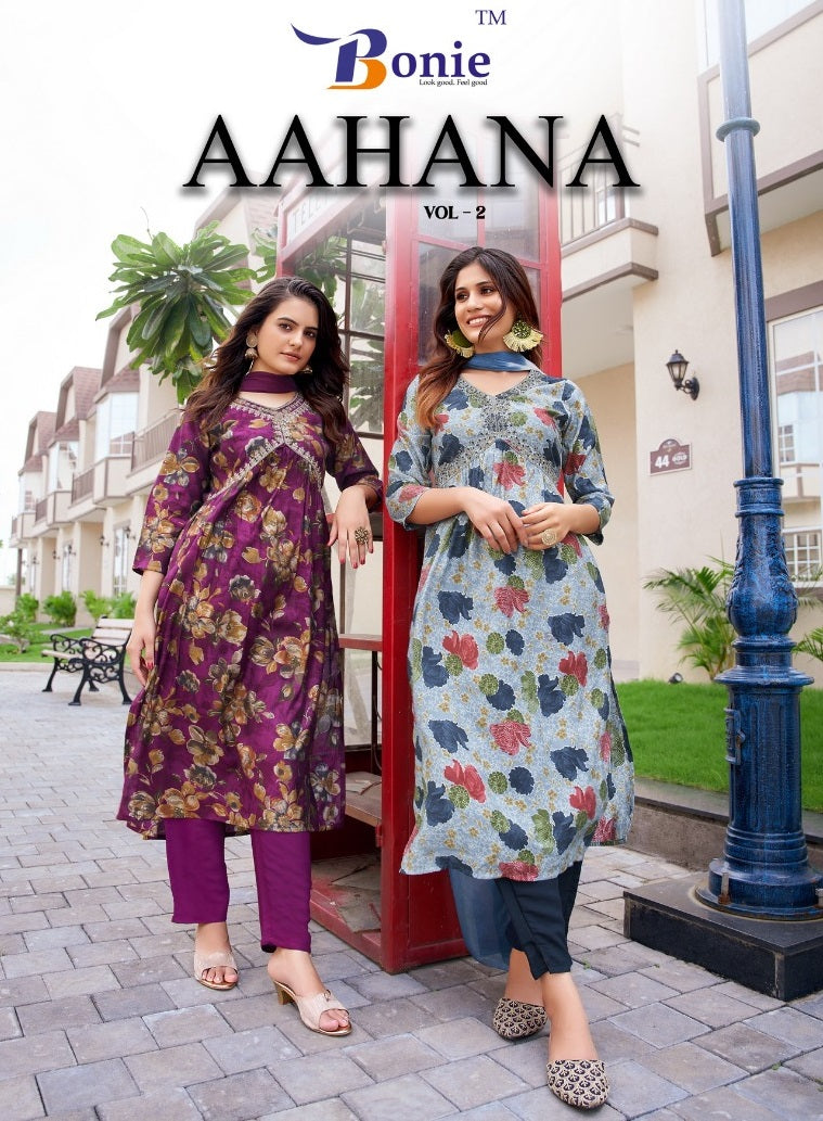 Bonie Aahana Vol 2 Chanderi Sequence Alia Cut Printed Kurti Collection