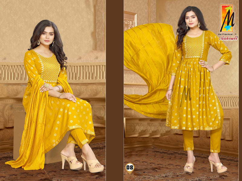 Master Aakruti Rayon Gold Prints With Fancy Sequence Work Kurti With Bottom & Dupatta