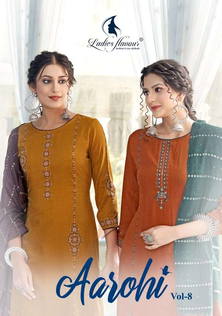 Ladies Flavour Aarohi Vol 8 Chinon Fancy Sequence Embroidery Work Kurti Combo Set