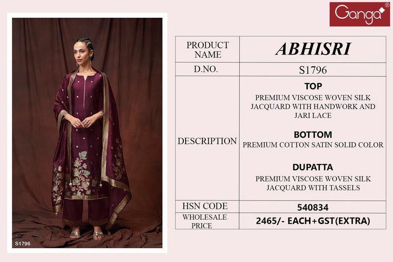 Ganga Abhisri 1796 Viscose Woven Silk Jacquard With Hand Work Designer Suits