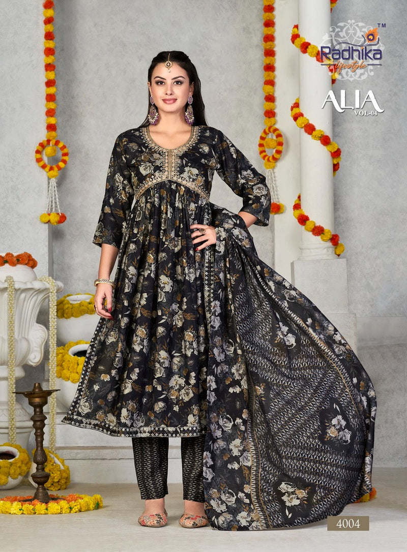 Radhika Lifestyle Alia Vol 4 Muslin Fancy Embroidery Alia Cut Kurti Collection