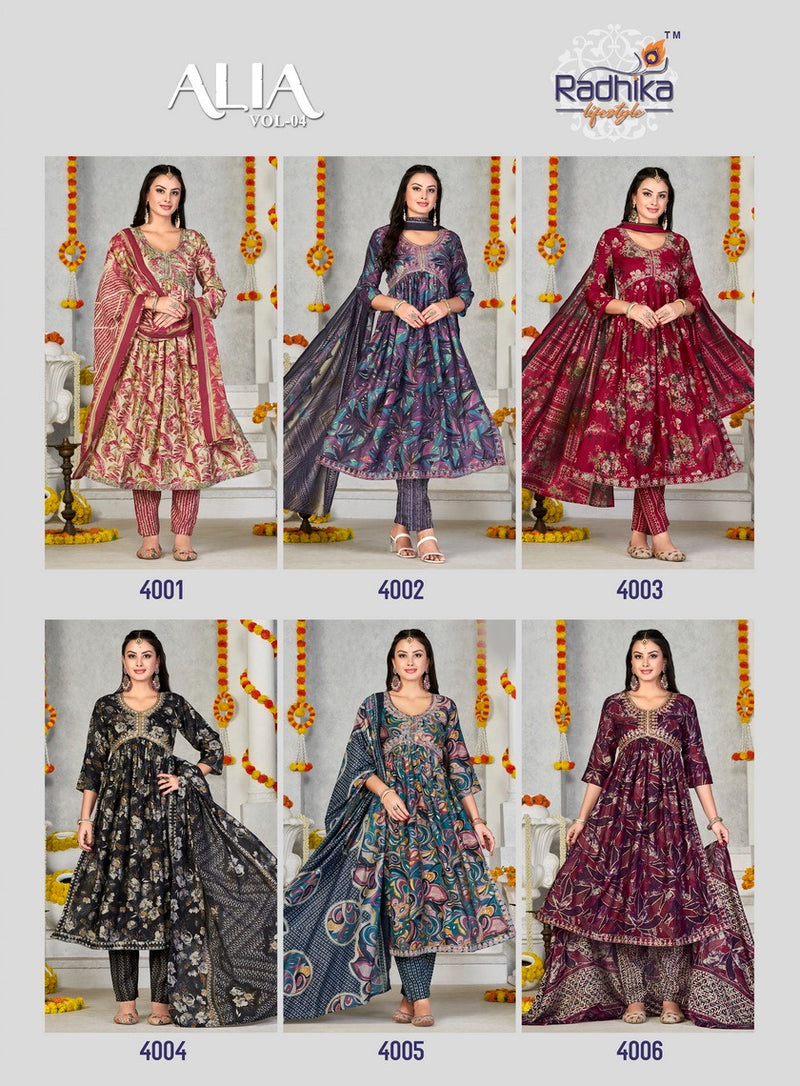 Radhika Lifestyle Alia Vol 4 Muslin Fancy Embroidery Alia Cut Kurti Collection