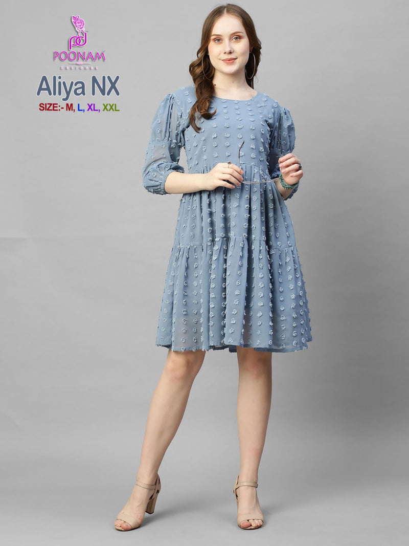 Poonam Designer Aliya Nx Georgette Butti Fabric Fancy Aliya Cut Short Gowns