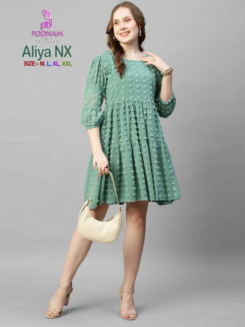 Poonam Designer Aliya Nx Georgette Butti Fabric Fancy Aliya Cut Short Gowns