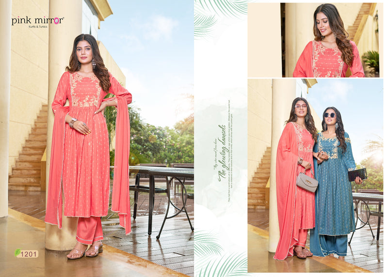 Pink Mirror Artistic Viscose Naira Style Kurti With Pant Collection