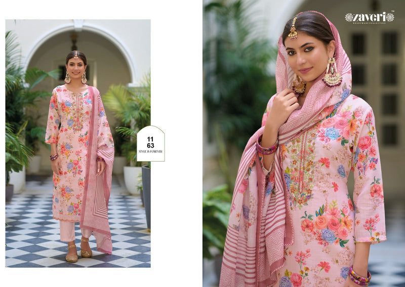 Zaveri Woman Beauty Ayleen Linen Printed Fabric With Embroidery Designer Ready Made Suits