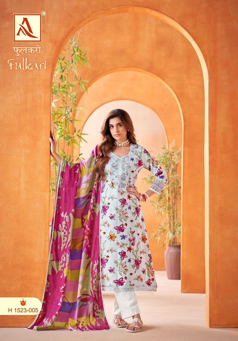 Alok Suit Fulkari Pure Cambric Cotton Floral Print Fancy Embroidery Work Salwar Suit