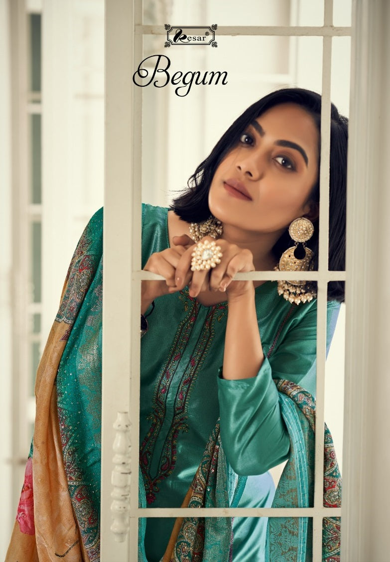 Kesar Begum Pure Viscose Russian Silk Heavy Embroidery Daman Boring Work Fancy Partywear Salwar Suits