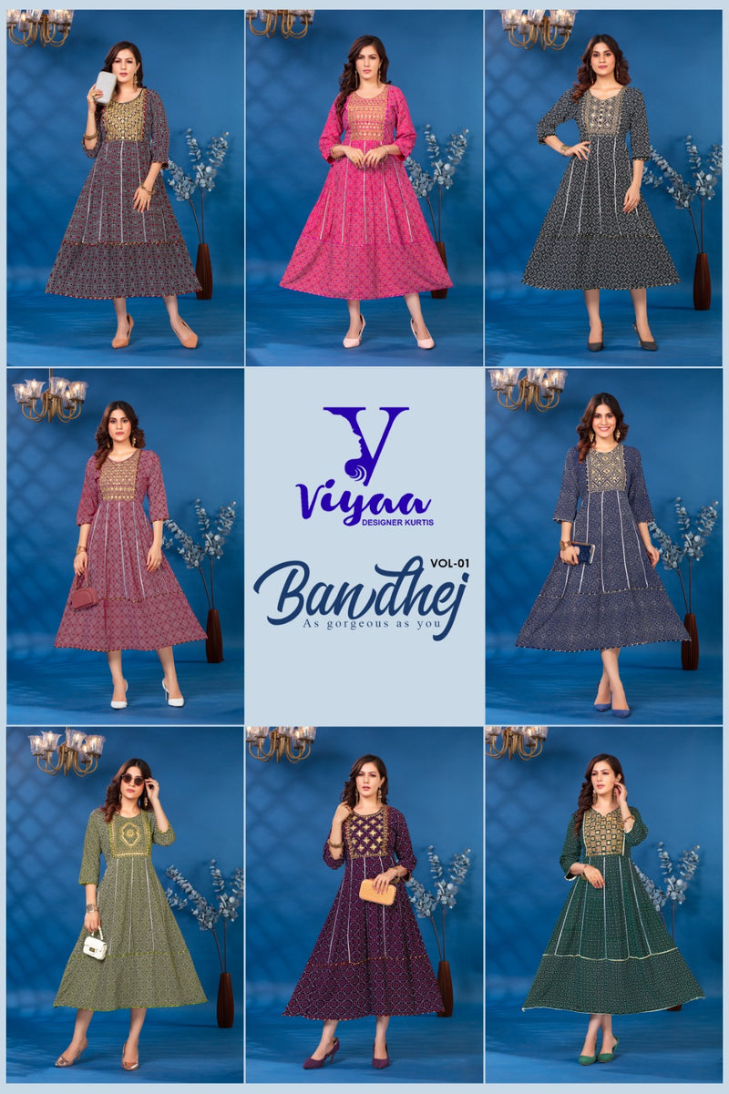 Viyaa Designer Bandhej Vol 1 Rayon Foil Print Fancy Kurtis
