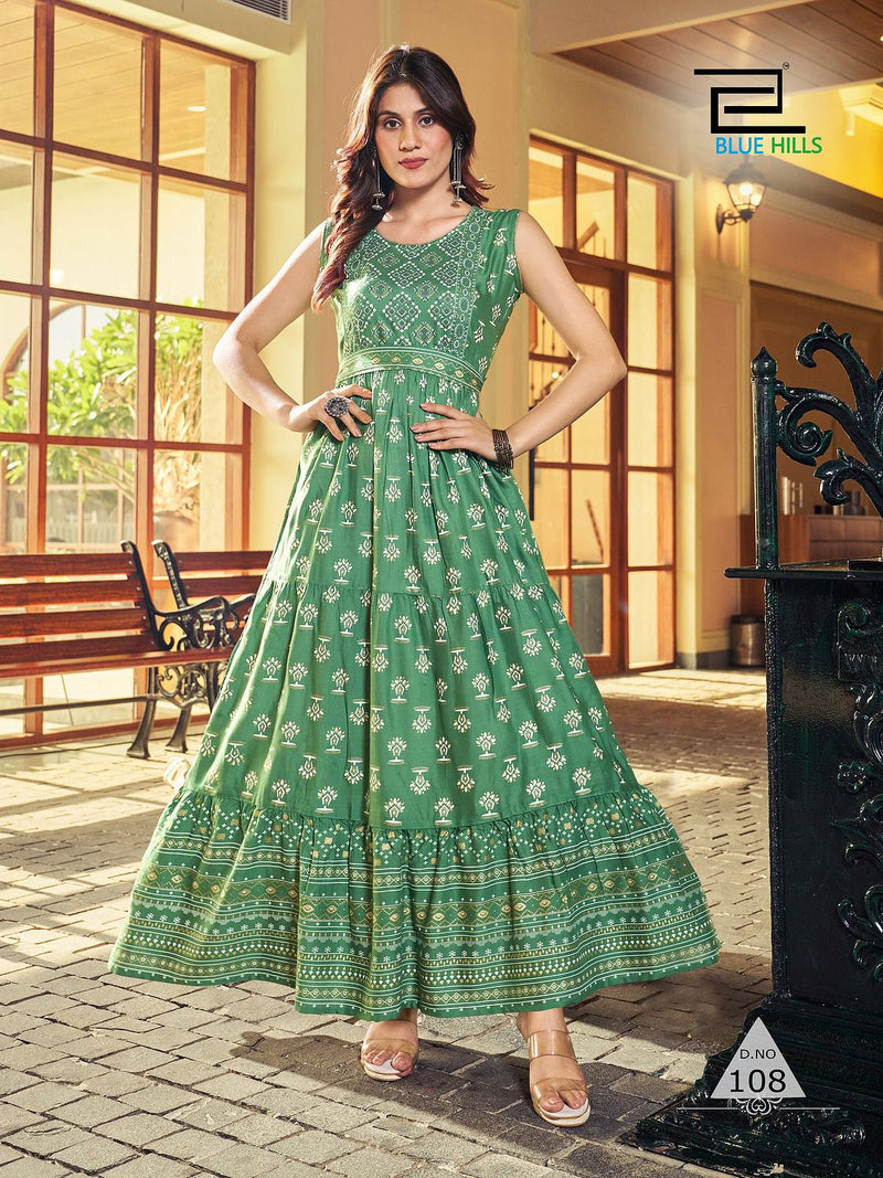 Blue Hills Bisleri Rayon Long Frill Printed Party Wear Designer Gown Collection