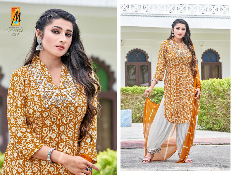Master Blossom Rayon Foil Prints With Fancy Work Kurti With Bottom & Dupatta