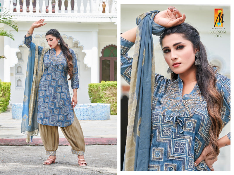 Master Blossom Rayon Foil Prints With Fancy Work Kurti With Bottom & Dupatta