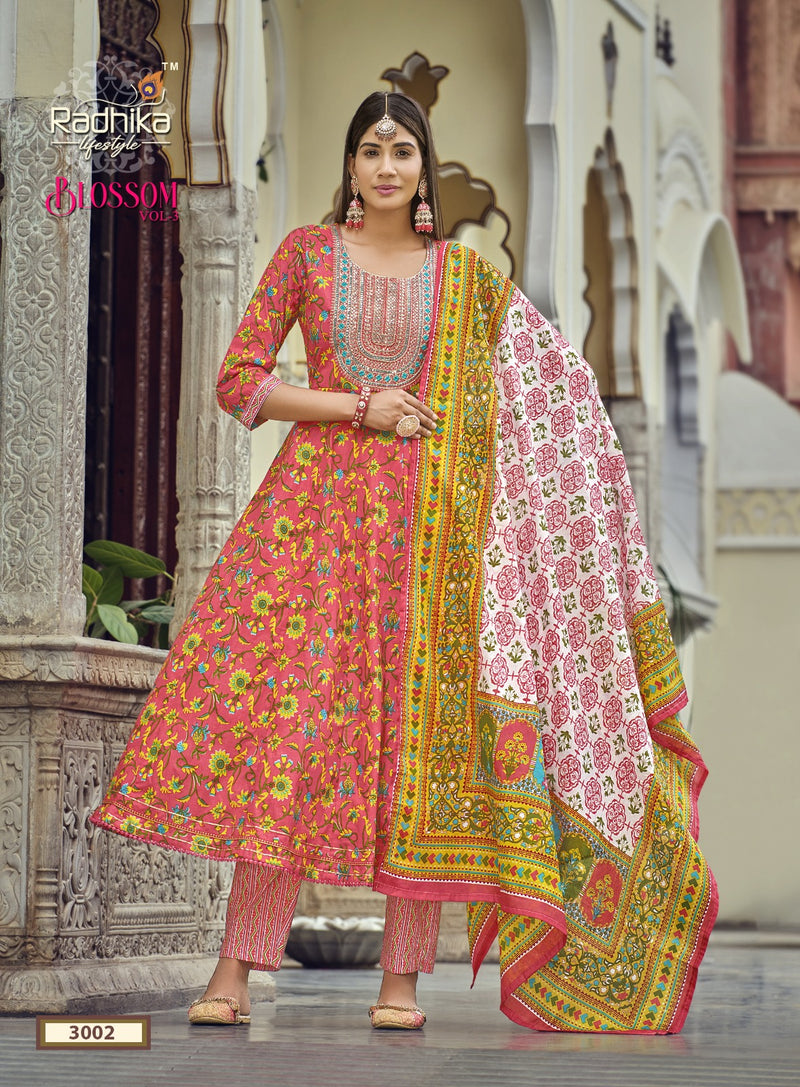 Radhika Life Style Blossom Vol 3 Cotton Print With Embroidery Work Kurti Combo Set