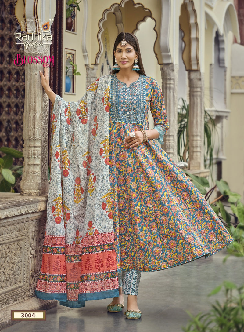 Radhika Life Style Blossom Vol 3 Cotton Print With Embroidery Work Kurti Combo Set