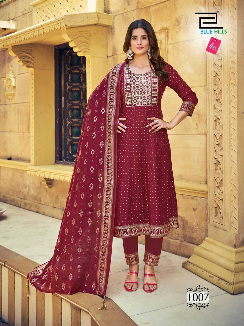 Blue Hills Meera Nx Rayon Heavy Chanderi Foil Print With Accessories Thread Embroidery Kurti