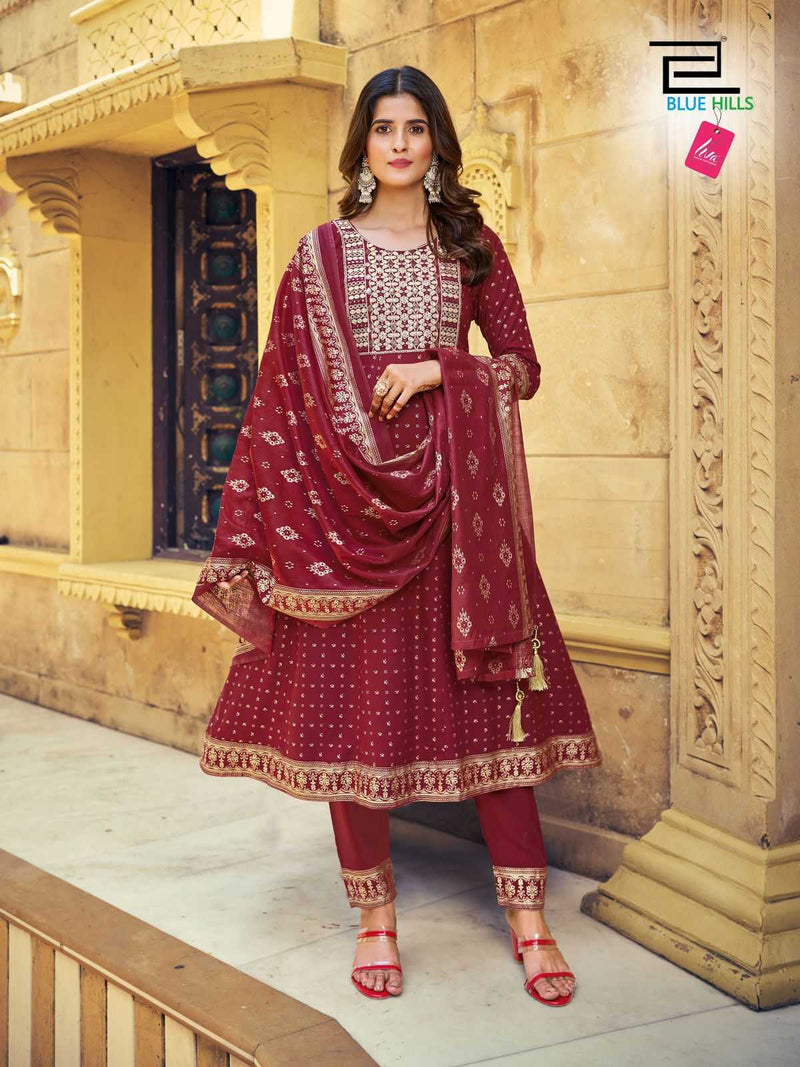 Blue Hills Meera Nx Rayon Heavy Chanderi Foil Print With Accessories Thread Embroidery Kurti