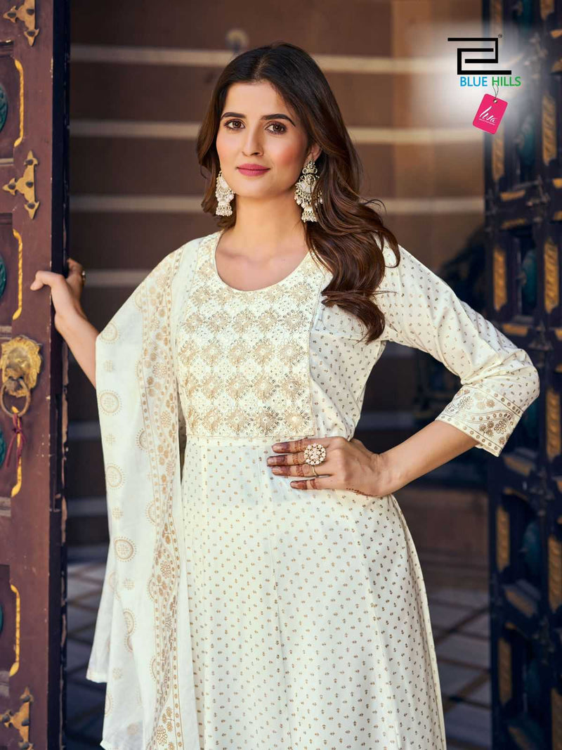 Blue Hills Meera Nx Rayon Heavy Chanderi Foil Print With Accessories Thread Embroidery Kurti