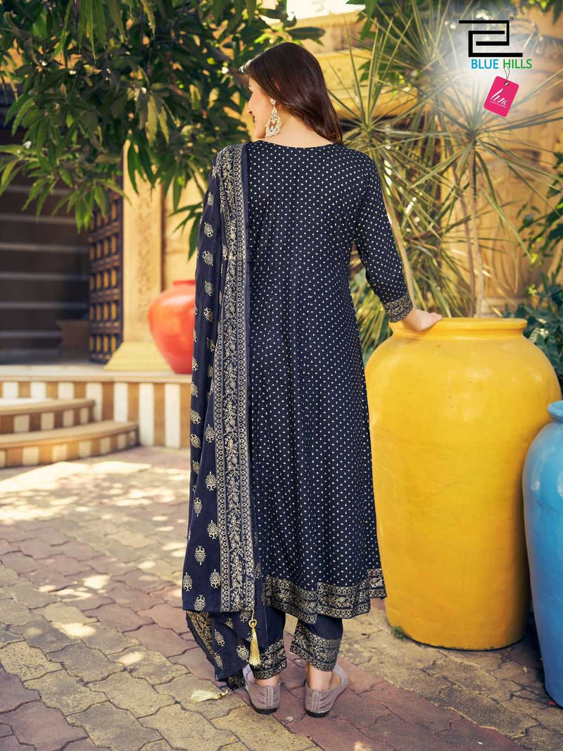 Blue Hills Meera Nx Rayon Heavy Chanderi Foil Print With Accessories Thread Embroidery Kurti