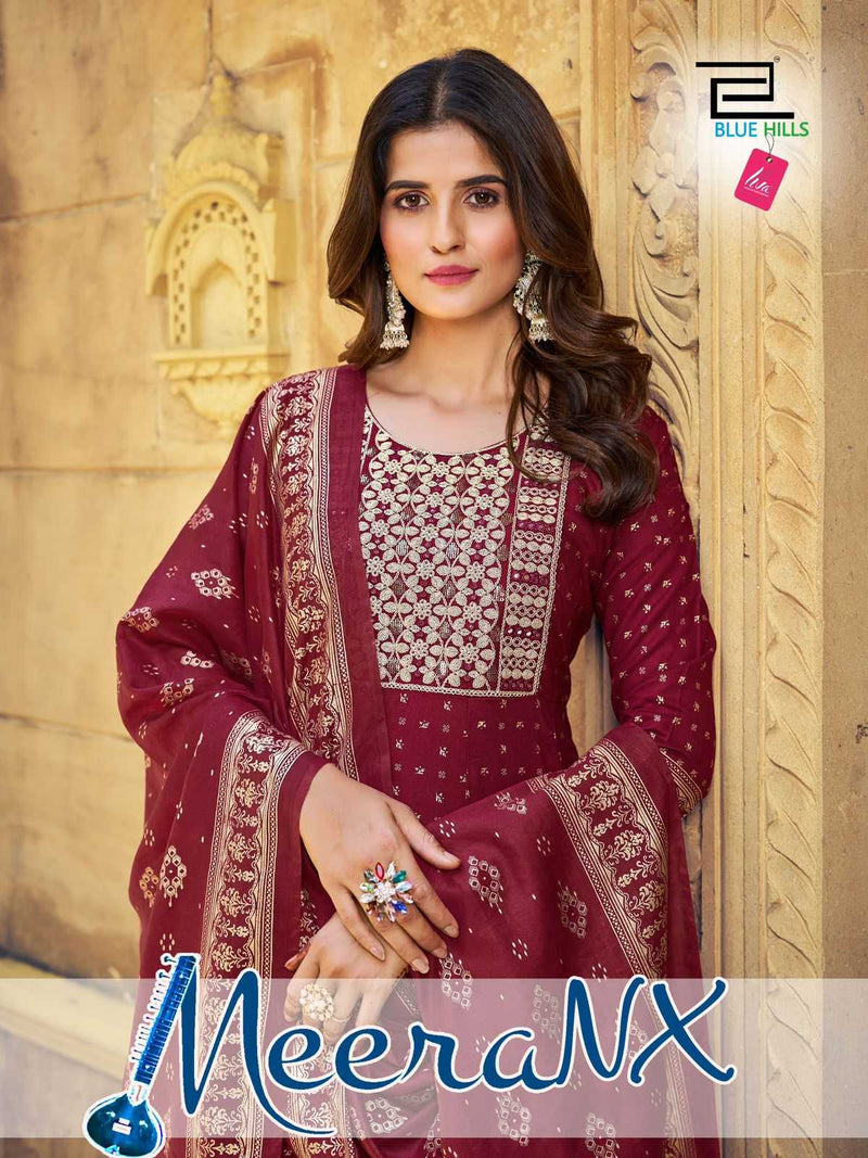 Blue Hills Meera Nx Rayon Heavy Chanderi Foil Print With Accessories Thread Embroidery Kurti
