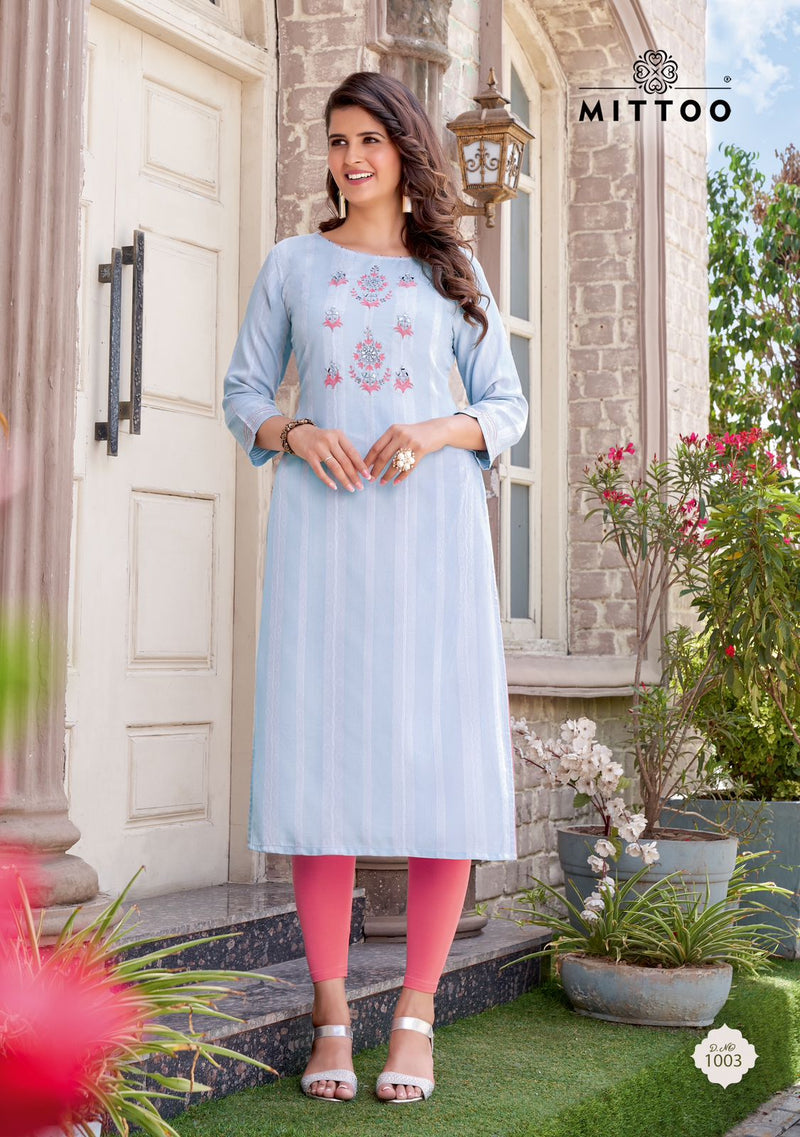 Mittoo Chand Rayon Weaving Embroidery Work Straight Kurtis For Woman