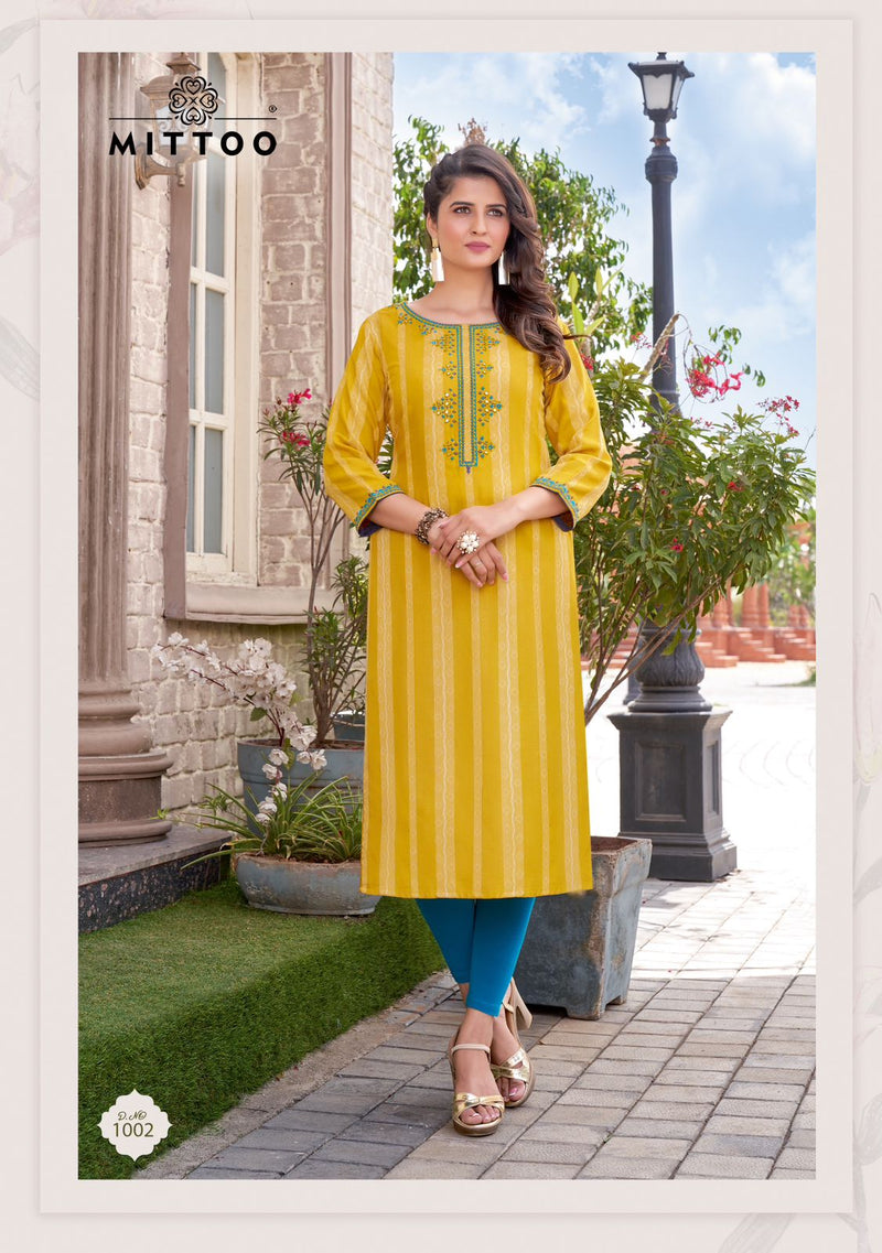 Mittoo Chand Rayon Weaving Embroidery Work Straight Kurtis For Woman