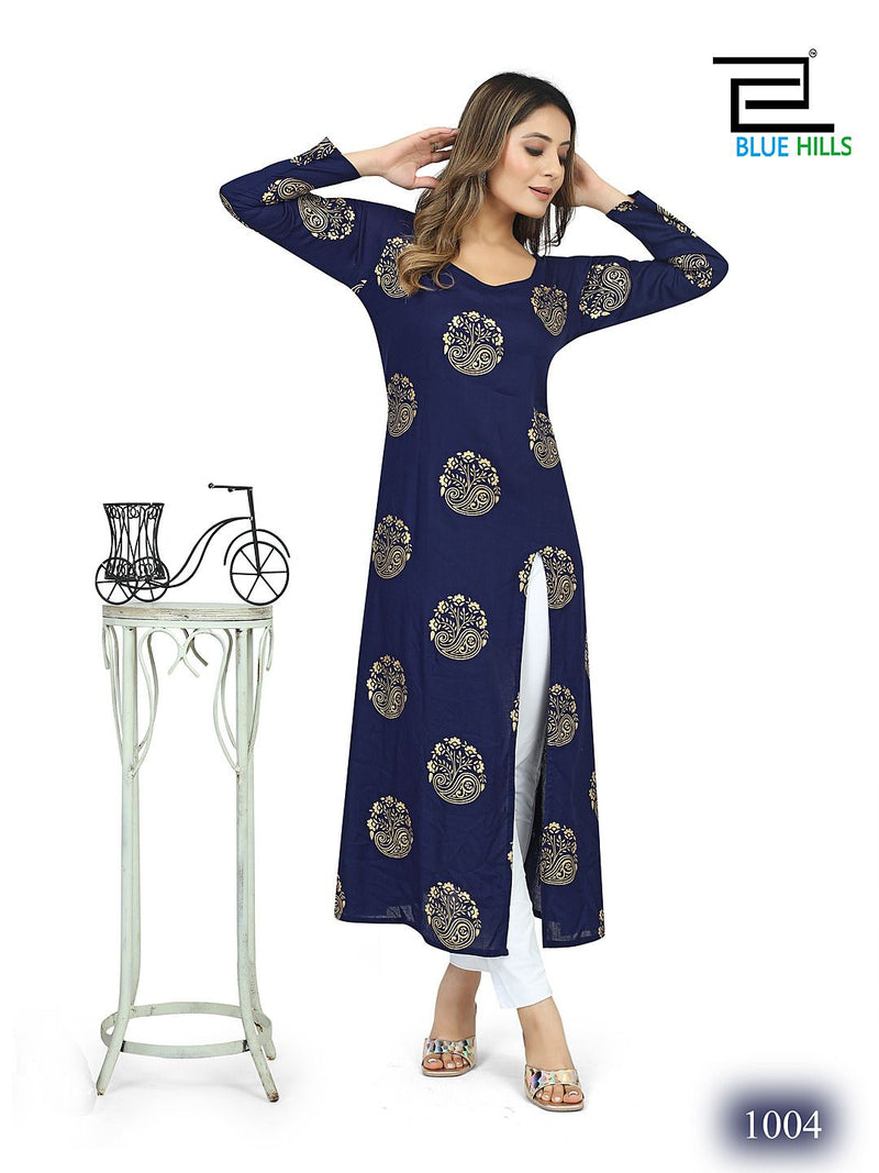 Blue Hills Chandrayaan Vol 3 Rayon Foil Printed Side Cut Designer Kurtis