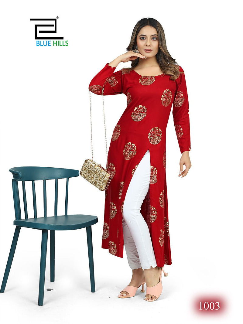 Blue Hills Chandrayaan Vol 3 Rayon Foil Printed Side Cut Designer Kurtis