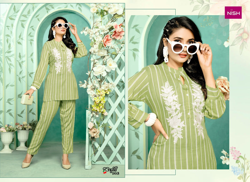 Nish Cherry Rayon Lining Fancy Designer Stylish Causal Wear Top With Pant Cord Sets
