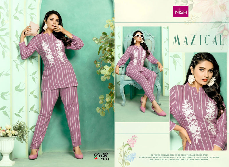 Nish Cherry Rayon Lining Fancy Designer Stylish Causal Wear Top With Pant Cord Sets