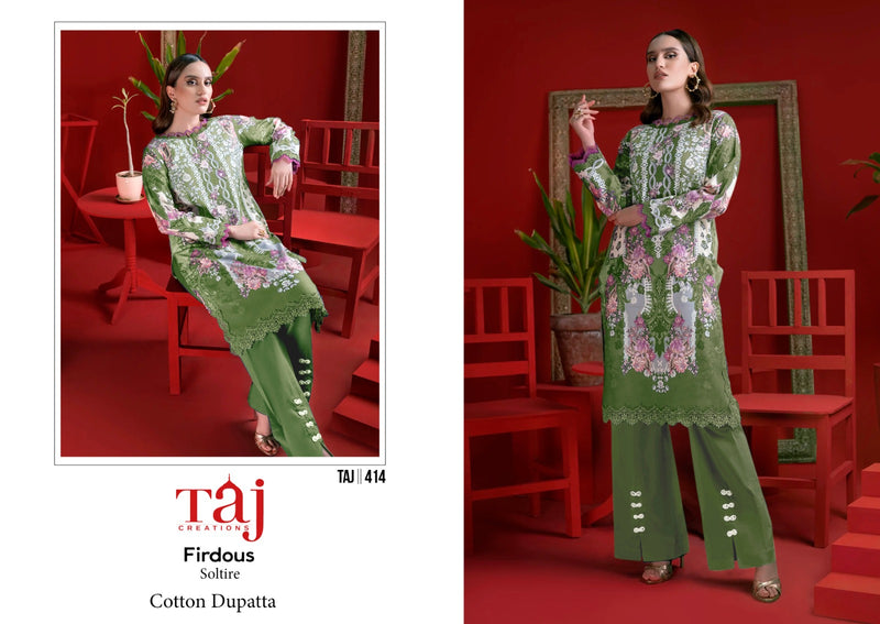 Taj Creation Firdous Solitaire D No 412 & 414 Cotton Embroidery Salwar Kameez