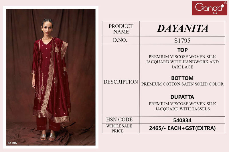 Ganga Dayanita 1795 Silk Jacquard With Hand Work Designer Suits