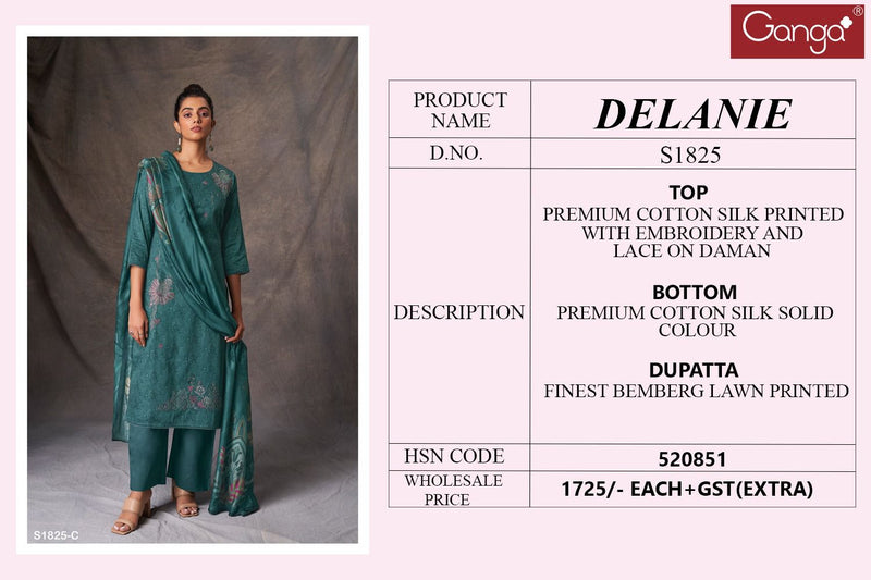 Ganga Delanie 1825 Silk Cotton Printed With Embroidery Designer Fancy Salwar Suits
