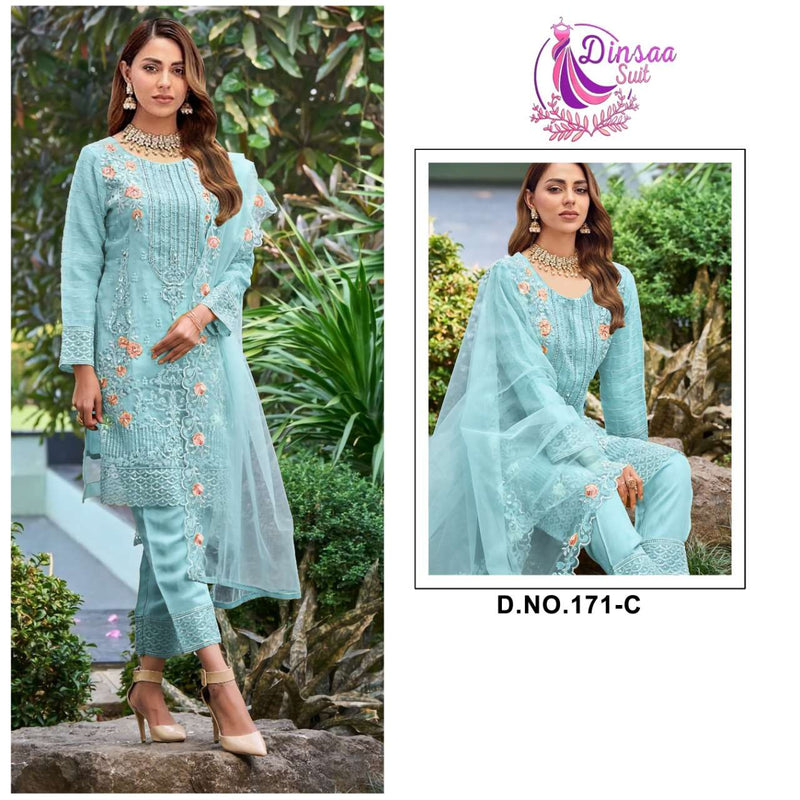 Dinsaa Suit Dno 171 Organza Embroidered Khatli Work Salwar Suit